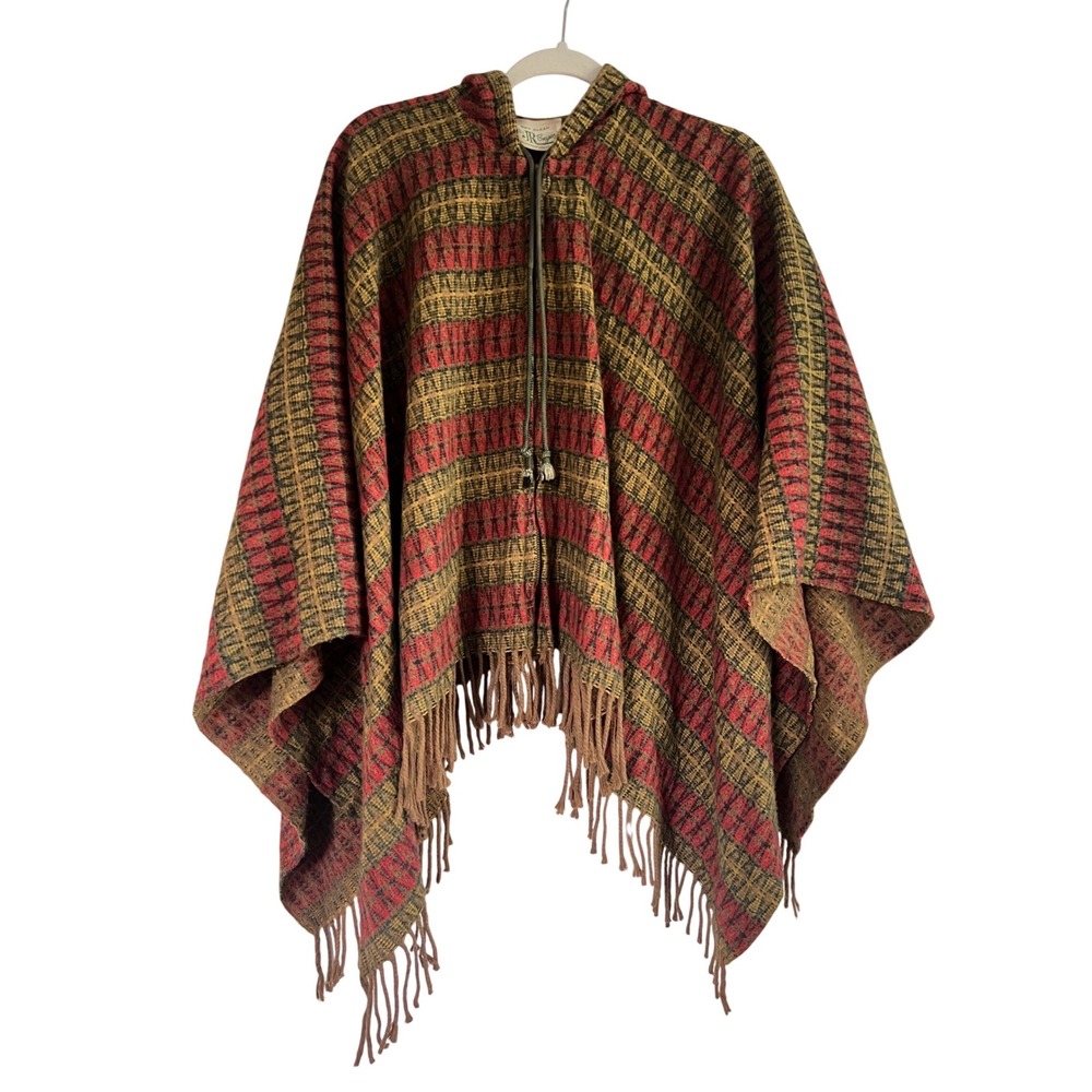 Vintage 70s Sears JR Bazaar Hooded Boho Hippie Geometric Fringe Zip Cape Poncho